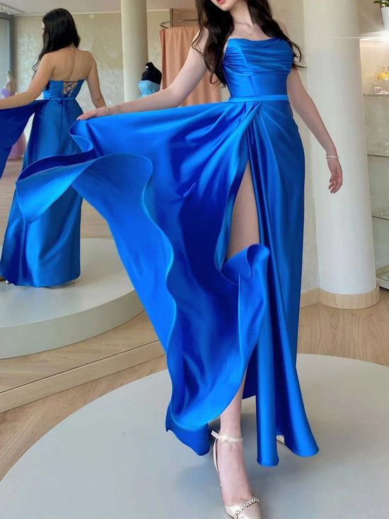 Royal Blue Long A-line Strapless Open Back Satin Formal Graduation Prom Dresses with Slit-BIZTUNNEL