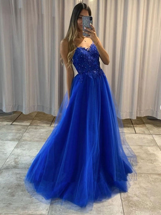Royal Blue Long A-line Sweetheart Tulle Lace Formal Prom Dresses-BIZTUNNEL