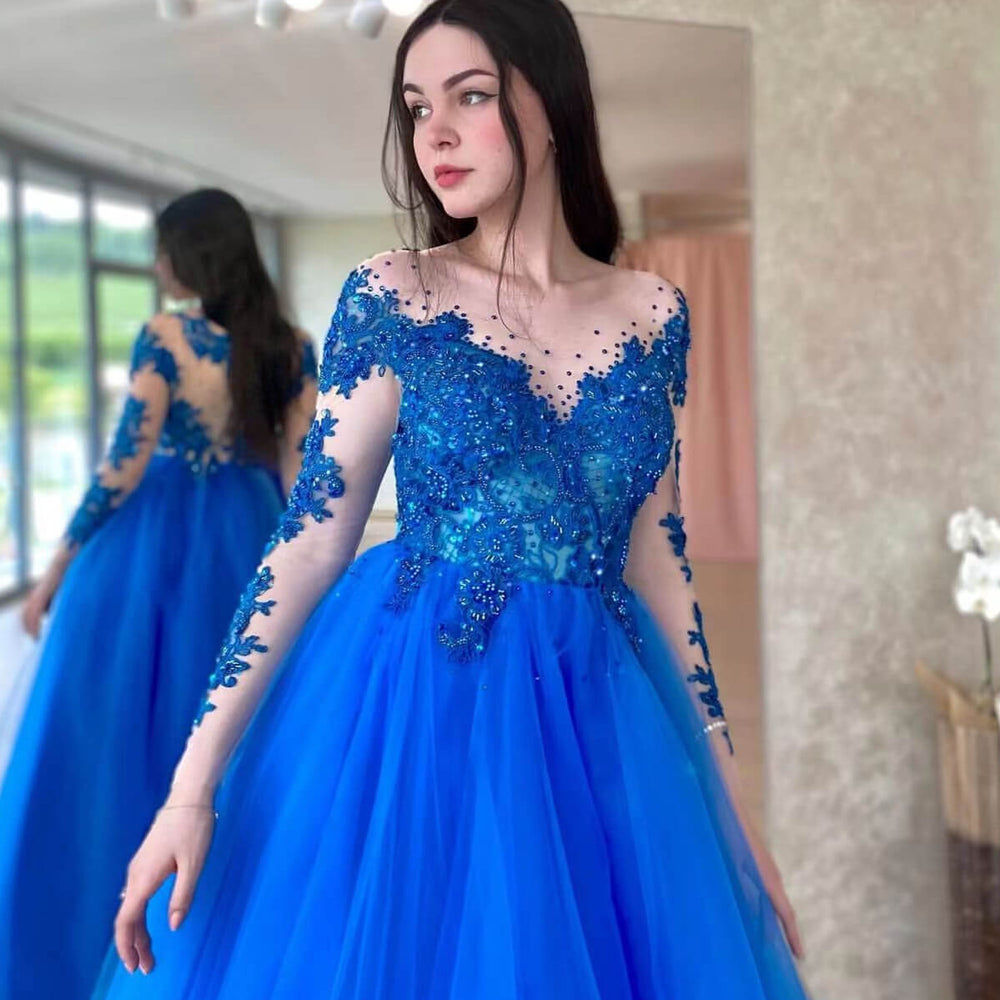 Royal Blue Long A-line Sweetheart Tulle Prom Dress with Sleeves Royal Blue Long A-line Sweetheart Tulle Prom Dress with Sleeves