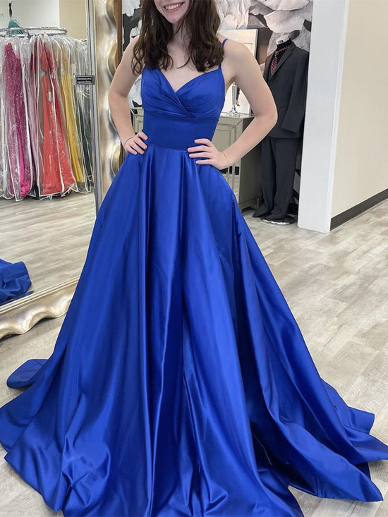 Royal Blue Long A-line V-neck Satin Backless Formal Prom Dress-BIZTUNNEL