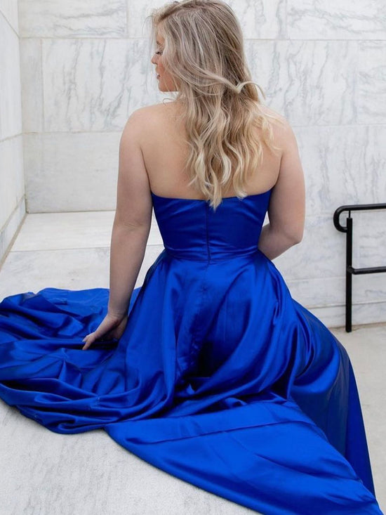 Royal Blue Long A-line V-neck Satin Backless Graduation Prom Dresses with Slit-BIZTUNNEL