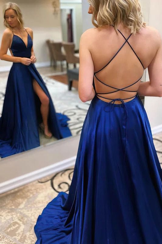 Royal Blue Long A-Line V-neck Satin Open Back Prom Dress With Slit-BIZTUNNEL