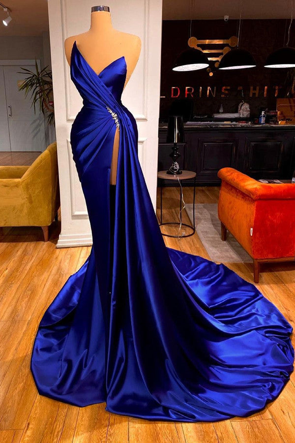 Simple Royal Blue V-neck Satin Split Front Mermaid Prom Dress main image 0