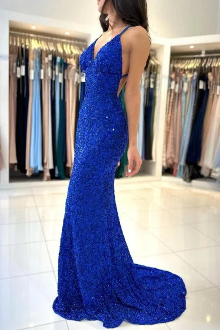 Royal Blue Long Mermaid V-neck Spaghetti Straps Backless Sequined Formal Prom Dresses-BIZTUNNEL