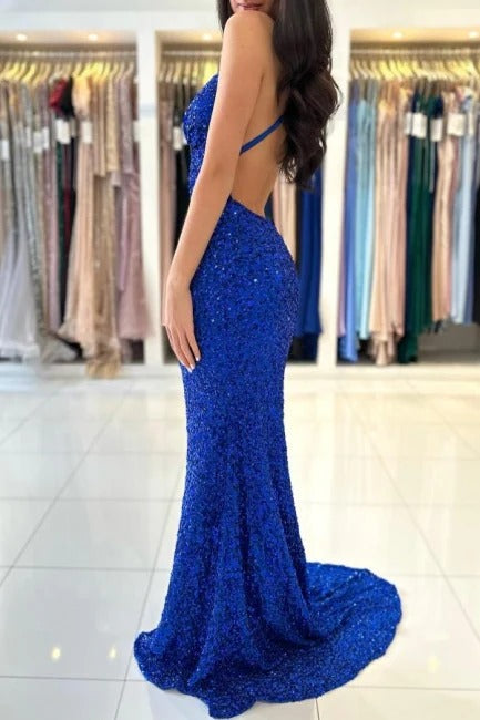 Royal Blue Long Mermaid V-neck Spaghetti Straps Backless Sequined Formal Prom Dresses-BIZTUNNEL