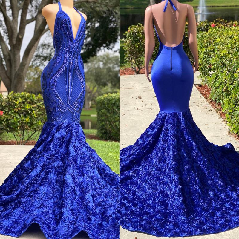 Royal Blue Long V-Neck Halter Mermaid Open Back Prom Dress – BIZTUNNEL