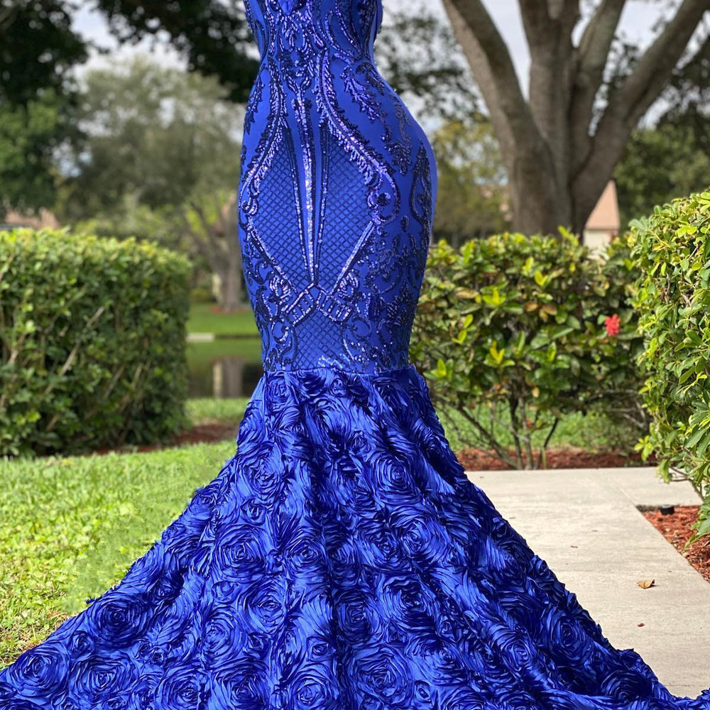 Royal Blue Mermaid Prom Dress with Halter Neckline and Open Back
