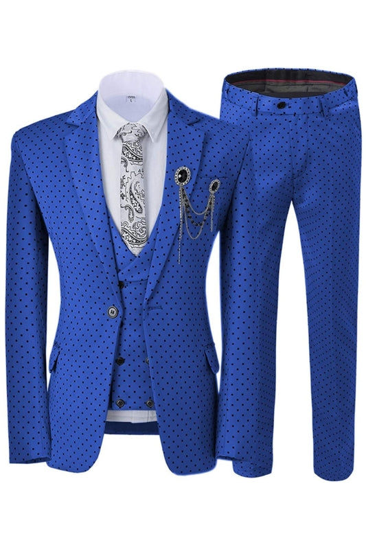 Ira Newest Royal Blue Notched Lapel Three Pieces Prom Suits With Black Dot
