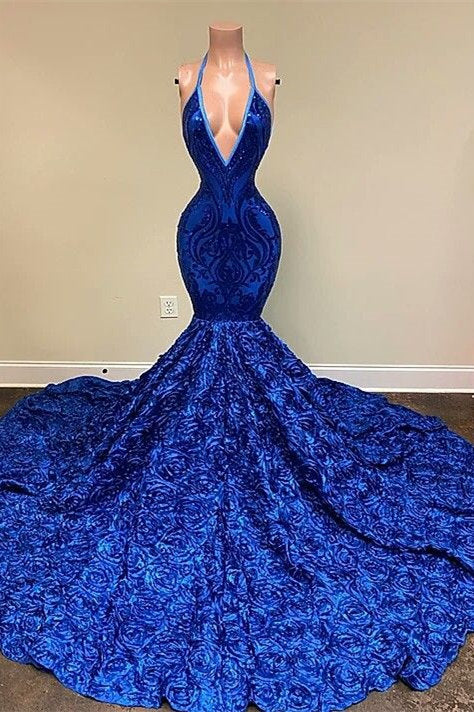 Royal Blue Sleeveless Halter Mermaid Prom Dress with Sequins