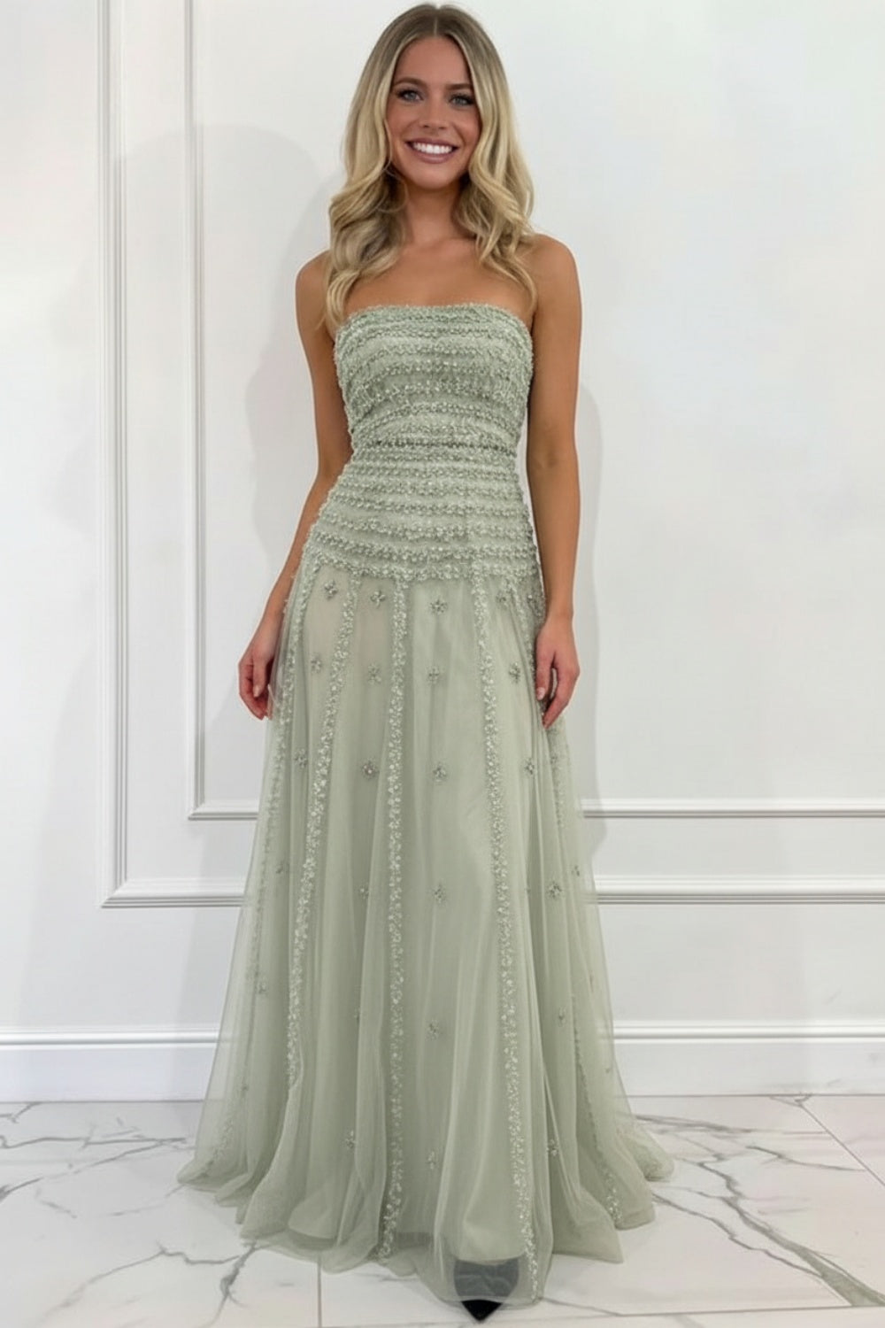 Biztunnel Sage Green Strapless A Line Sleeveless Prom Dress with Appliques