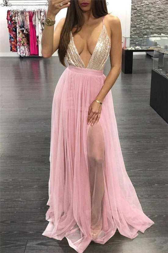 Sexy A-line V-neck Backless Long Prom Dress with Slit-BIZTUNNEL