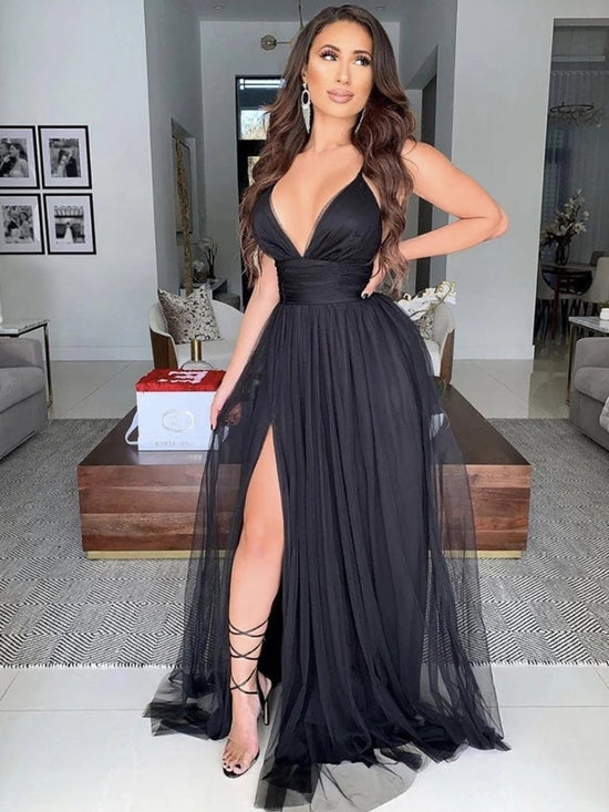 Sexy Black Long A-line V Neck Tulle Formal Prom Dresses with Slit-BIZTUNNEL