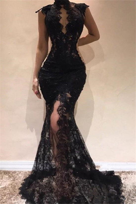 Sexy Black Long Mermaid High Neck Keyhole Lace Prom Dress With Slit-BIZTUNNEL