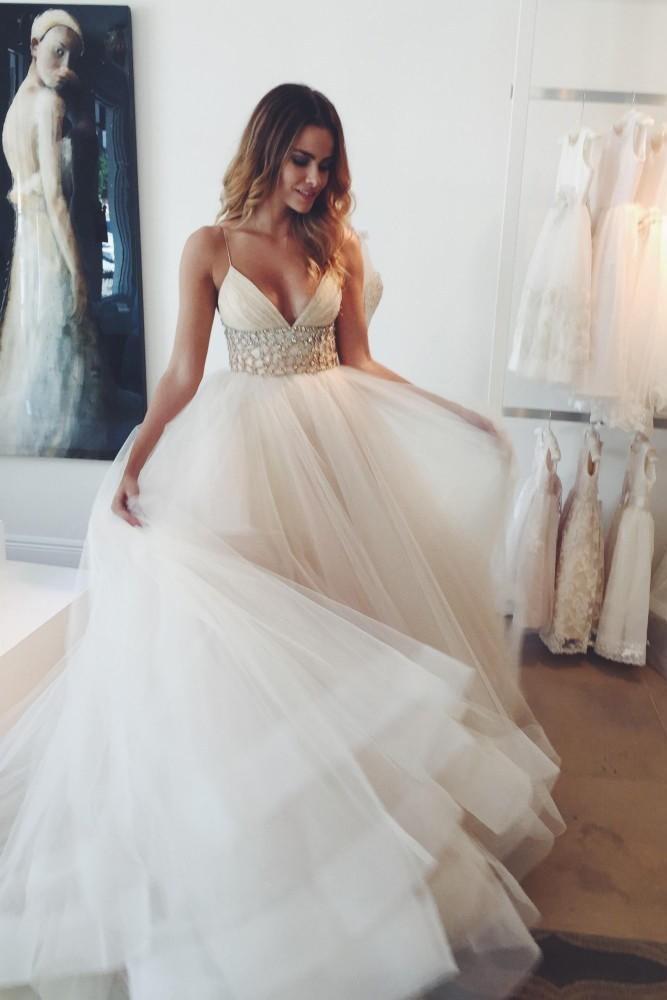 Sexy Ivory Long A-line V-neck Spaghetti Straps Tulle Wedding Dress-BIZTUNNEL