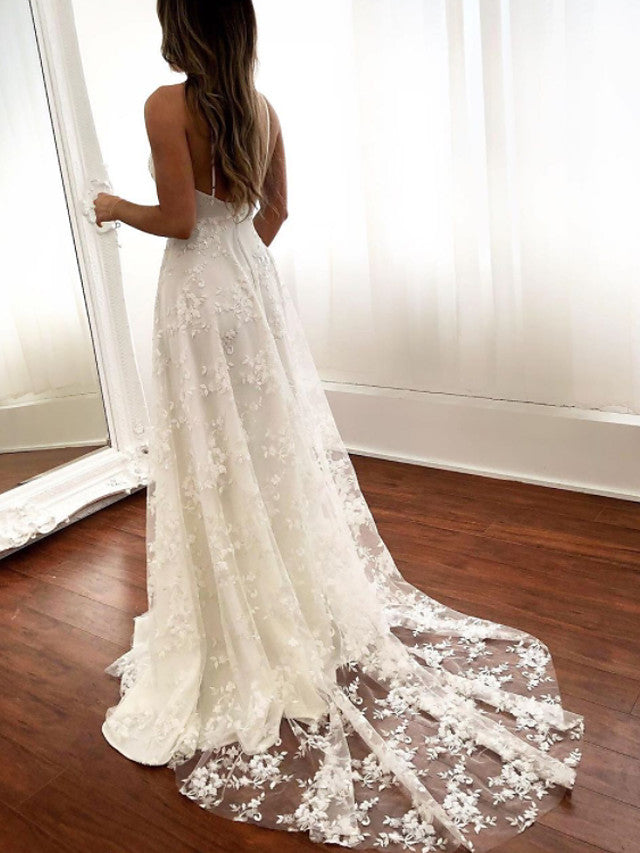Carregar imagem no visualizador da galeria, Sexy Long A-Line Spaghetti Strap Lace Backless Wedding Dresseswith Slit-BIZTUNNEL
