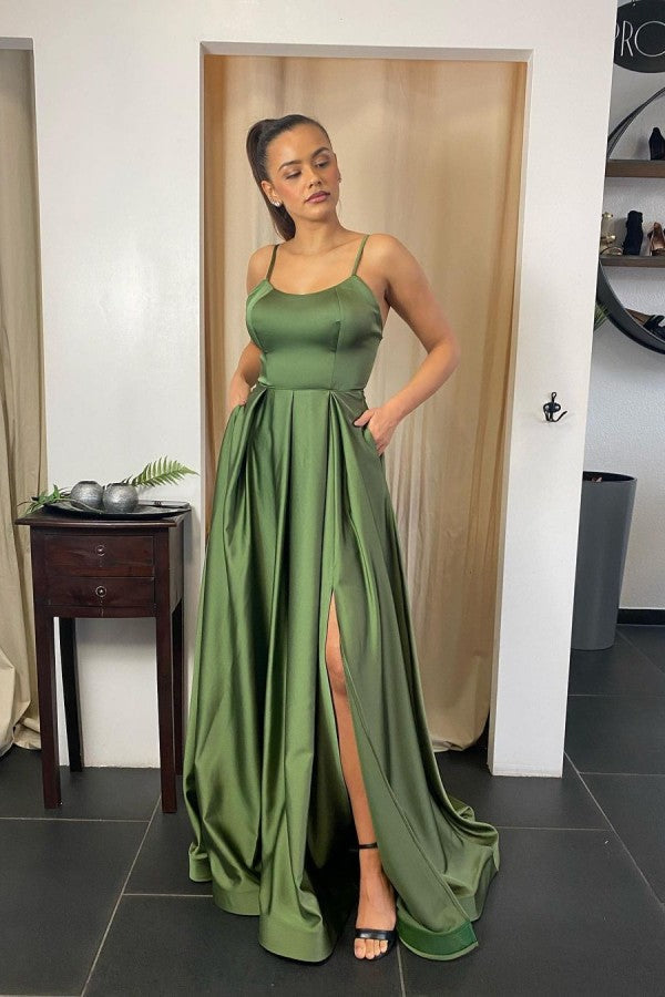 Load image into Gallery viewer, Sexy Long A-line Spaghetti Straps Satin Front Slit Backless Prom Dress with Pockets-BIZTUNNEL
