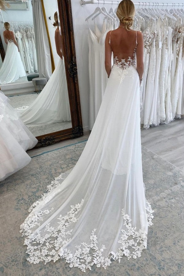 Load image into Gallery viewer, Sexy Long A-line Sweetheart Sleeveless Spaghetti Straps Backless Wedding Dress with Chapel Train-BIZTUNNEL
