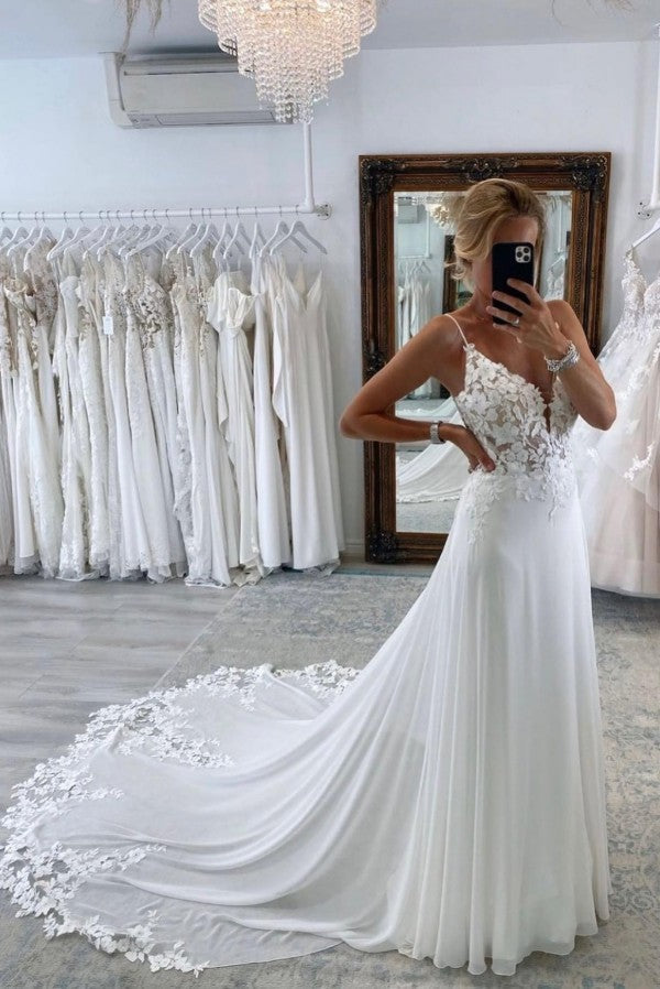 Sexy Long A-line Sweetheart Sleeveless Spaghetti Straps Backless Wedding Dress with Chapel Train-BIZTUNNEL