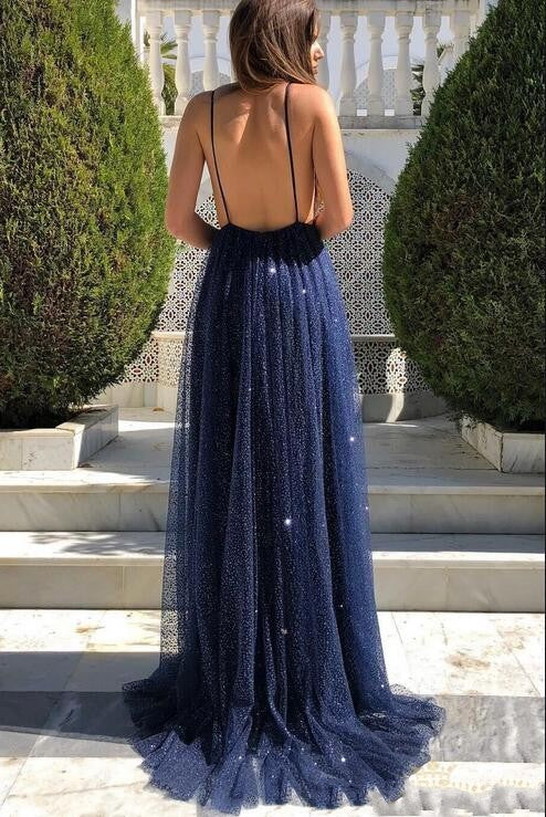 Sexy Long A-line V-neck Open Back Tulle Sequins Prom Dress-BIZTUNNEL