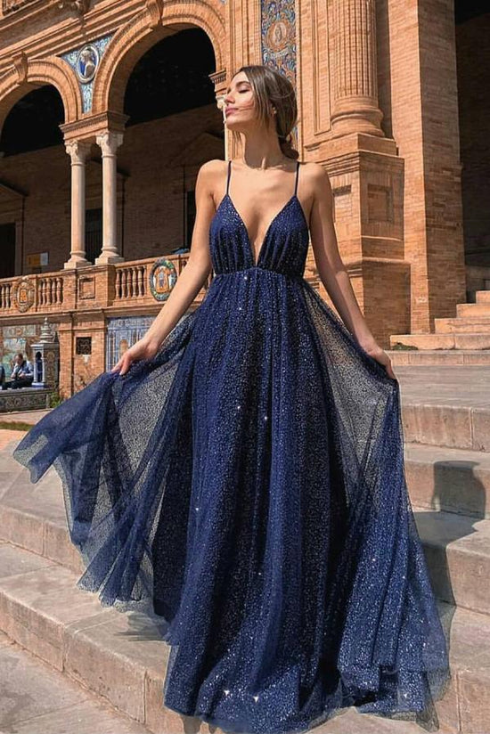 Sexy Long A-line V-neck Open Back Tulle Sequins Prom Dress-BIZTUNNEL