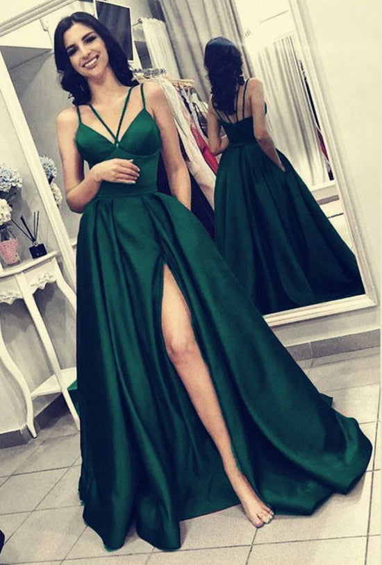 Sexy Long A-line V-neck Spaghetti Straps Backless Front Slit Prom Dress With Pockets-BIZTUNNEL