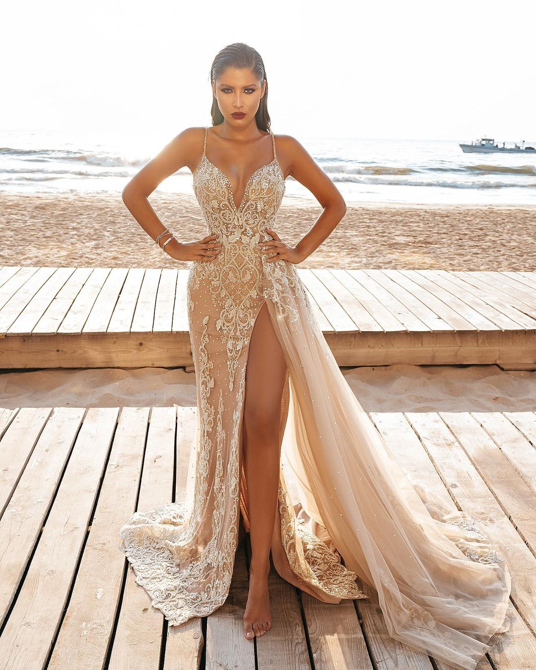 Sexy Long Mermaid Appliques Lace Split Wedding Dress With Side Train-BIZTUNNEL