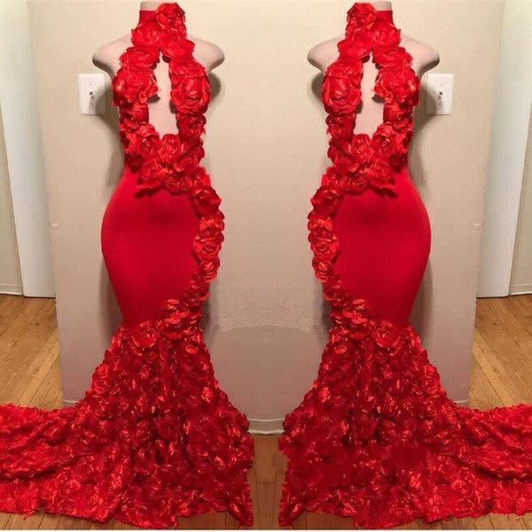 Sexy Long Mermaid Flowers High Neck Red Prom Dresses-BIZTUNNEL