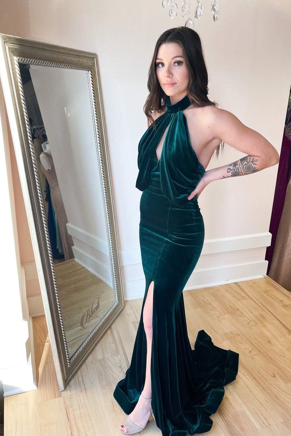 Sexy Long Mermaid Halter Backless Velvet Prom Dress With Split-BIZTUNNEL