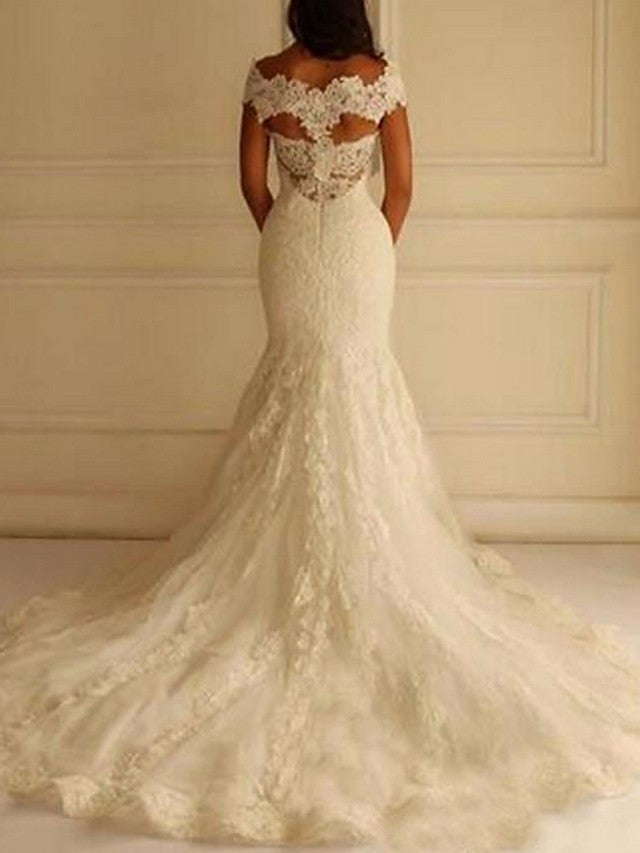 
                  
                    Sexy Long Mermaid Off the Shoulder Lace Wedding Dresses-BIZTUNNEL
                  
                