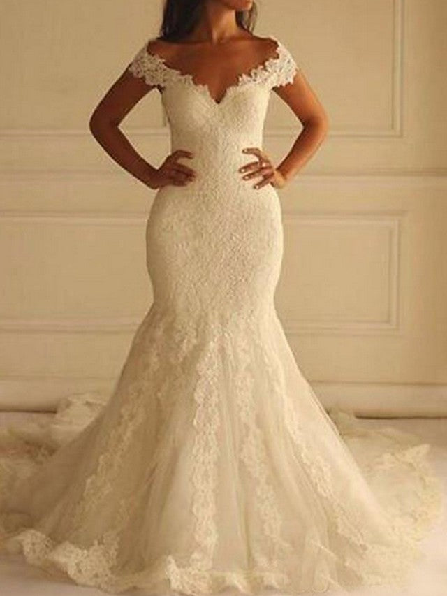 Sexy Long Mermaid Off the Shoulder Lace Wedding Dresses-BIZTUNNEL