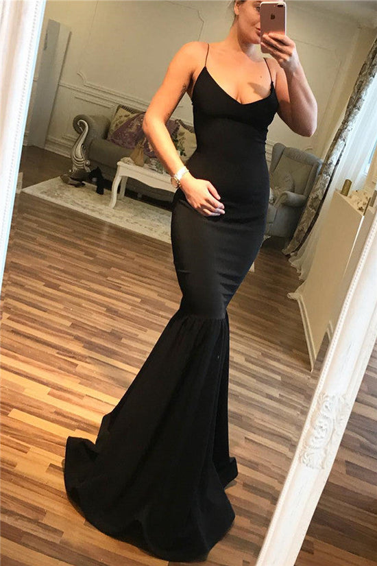 Sexy Long Mermaid Spaghetti Straps Black Prom Dresses-BIZTUNNEL