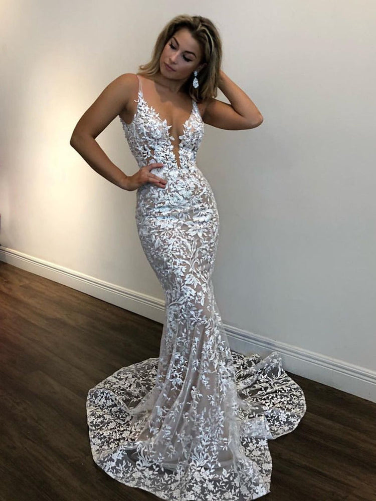 Sexy Long Mermaid V-neck Lace Formal Graduation Evening Prom Dresses-BIZTUNNEL