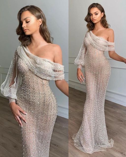 Sexy Long One Shoulder Sequins Mermaid Prom Dress With Puffy Sleeves-BIZTUNNEL