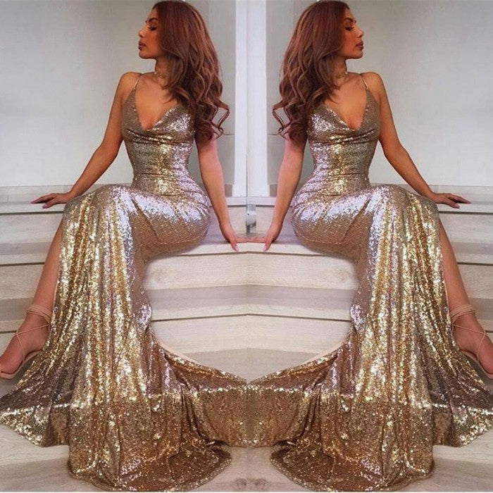 Sexy Long V-neck Open Back Sequins Mermaid Prom Dress with Slit-BIZTUNNEL