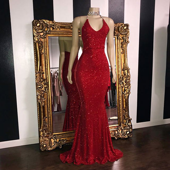 Sexy Mermaid Halter Sequins Red Long Prom Dresses-BIZTUNNEL