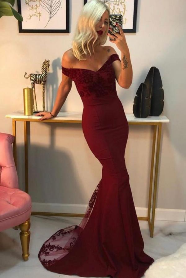 Sexy Mermaid Off-the-shoulder Backless Long Prom Dress with Appliques Lace-BIZTUNNEL