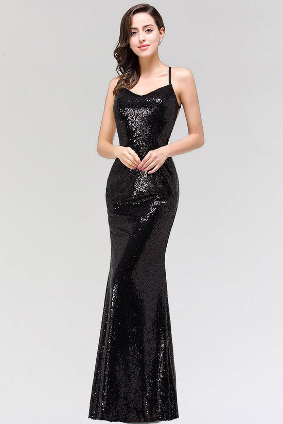 Sexy Mermaid Sequined Spaghetti Straps Backless Long Bridesmaid Dress-BIZTUNNEL