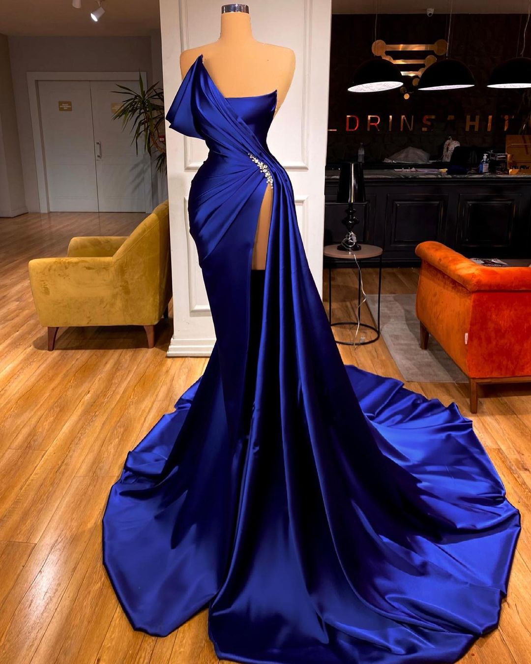 Glamorous Royal Blue Satin Beaded Halter A-Line Prom Gown – Modsele
