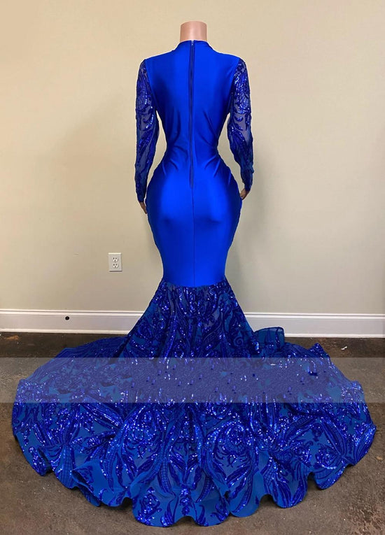 Sexy Royal Blue Long Mermaid V Neck Prom Dresses with Sleeves-BIZTUNNEL