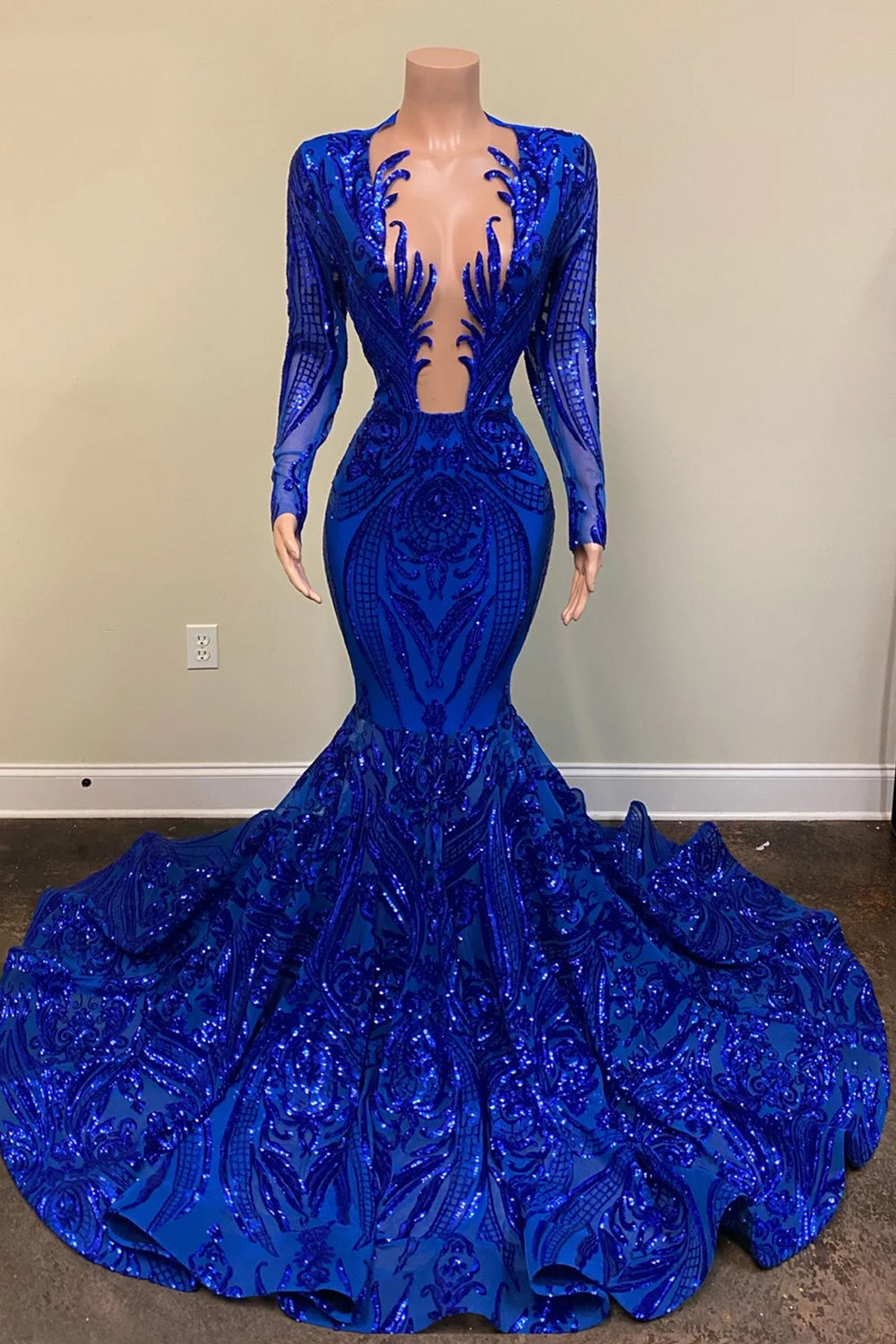 Sexy Royal Blue Long Mermaid V Neck Prom Dresses with Sleeves-BIZTUNNEL