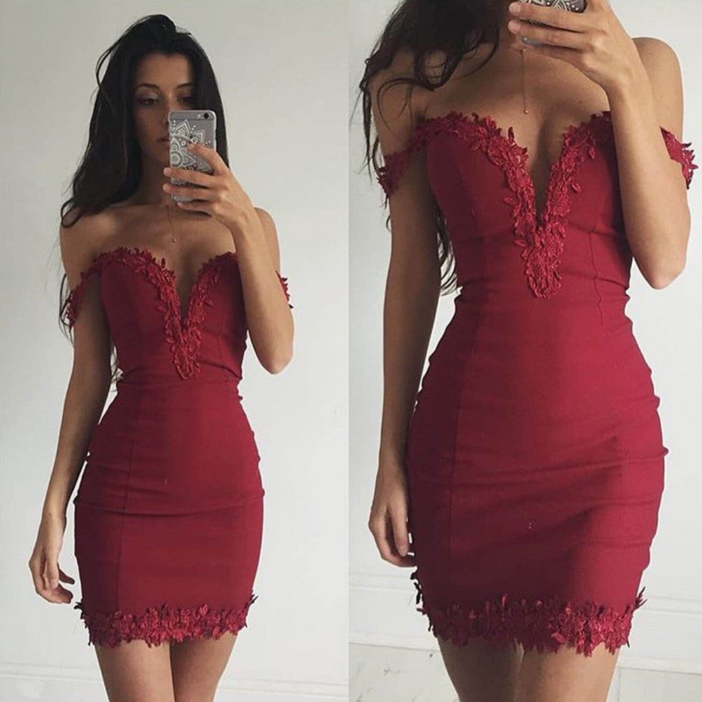 Load image into Gallery viewer, Sexy Short Sheath Off-the-shoulder Burgundy Prom Dress-BIZTUNNEL
