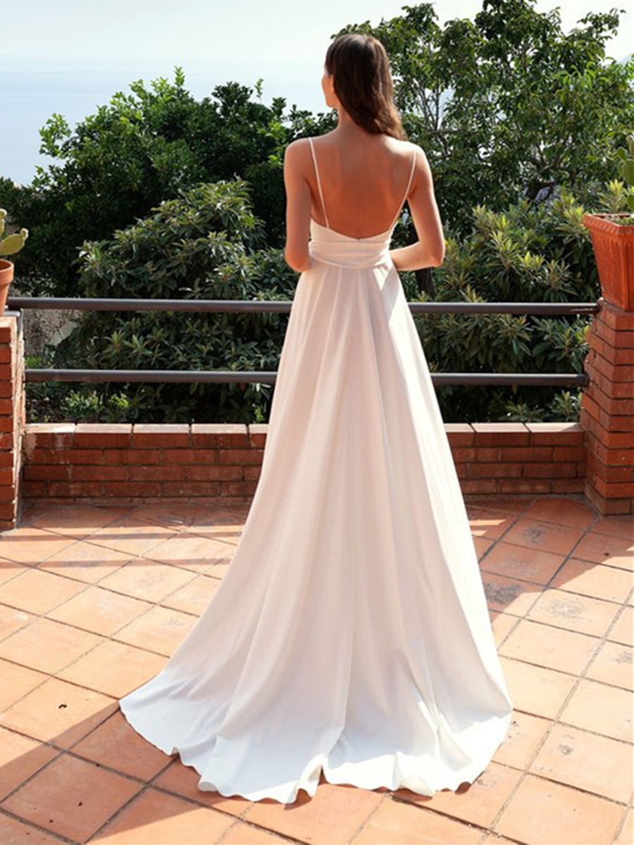 Sexy White Long A-line V-neck Open Back Satin Formal Prom Dresses with Slit-BIZTUNNEL