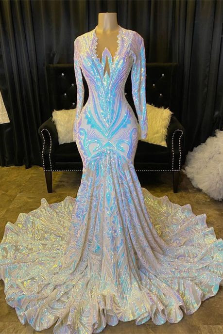 Shimmers Long Sleeve Mermaid V-neck Sequins Appliques Prom Dresses-BIZTUNNEL