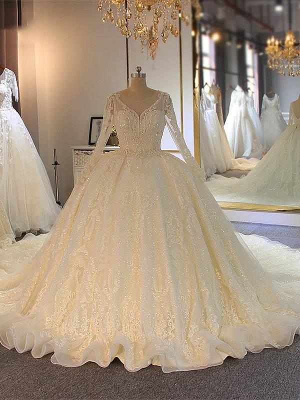 Shinny Long A-line Full Beading Lace-Up Wedding Dresses with Sleeves-BIZTUNNEL