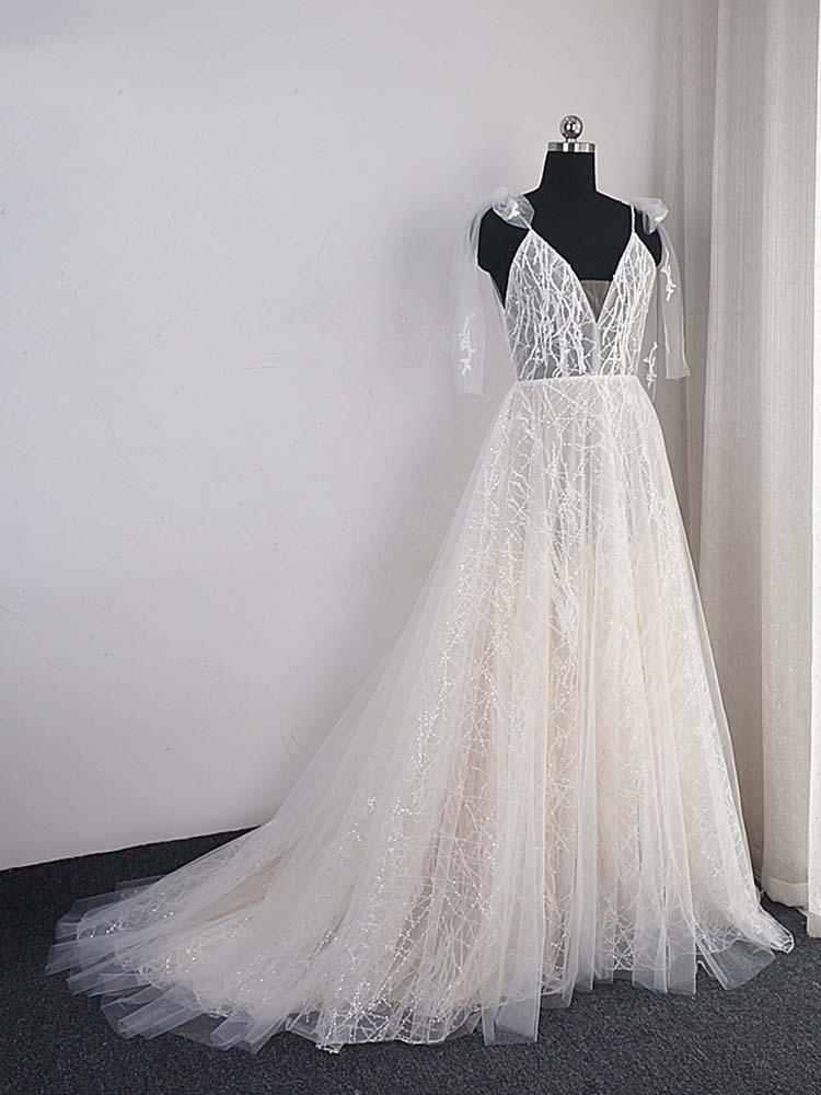 Shinny Long A-Line V-Neck Backless Sequins Wedding Dresses-BIZTUNNEL