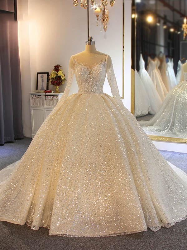 Shinny Long Ball Gown Sweetheart Sparkling Wedding Dresses with Sleeves-BIZTUNNEL