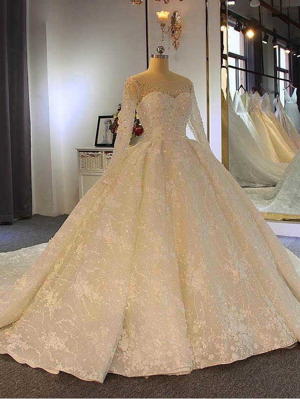 Shinny Long Ball Gown Sweetheart Tulle Lace Wedding Dresses with Sleeves-BIZTUNNEL