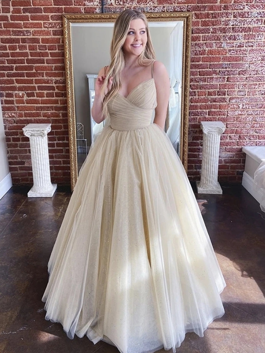 Shiny A-line V Neck Tulle Long Prom Formal Evening Dresses-BIZTUNNEL