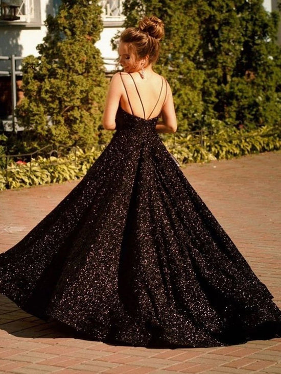 Shiny Black Long A-line V-neck Sequined Backless Formal Prom Dresses-BIZTUNNEL