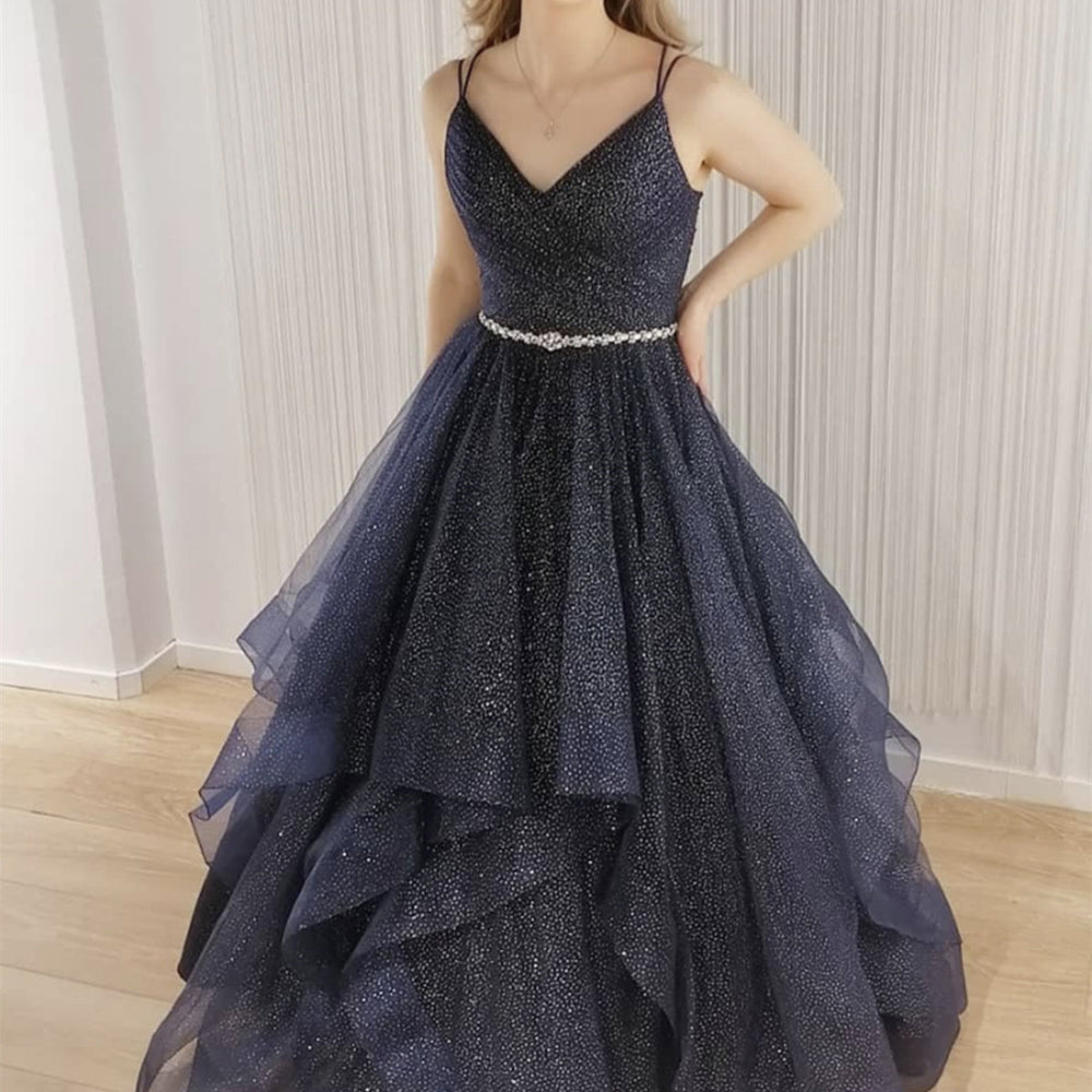 Shiny Long A-line V-neck Tulle Beading Open Back Formal Prom Dresses BIZTUNNEL Shiny Long A-line V-neck Tulle Beading Open Back Formal Prom Dresses BIZTUNNEL